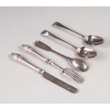 FIVE PIECES OF GEORGE III AND LATER SILVER CUTLERY, comprising: TWO TEASPOONS, London 1808 and 1823,