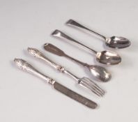 FIVE PIECES OF GEORGE III AND LATER SILVER CUTLERY, comprising: TWO TEASPOONS, London 1808 and 1823,