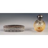 FACET CUT GLASS GLOBULAR PERFUME BOTTLE WITH HINGED SILVER SPHERICAL LID, 3 1/2" high and a cut
