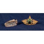 GILT METAL EGYPTIAN STYLE BROOCH, wing shaped and set with a natural scarab beetle, 1 3/4" wide