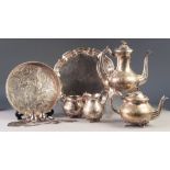 EARLY 20th CENTURY VICTORIAN STYLE ELECTROPLATED FOUR PIECE TEA AND COFFEE SERVICE, a PLATED WAITER,