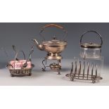 ELECTROPLATED TEA KETTLE ON SPIRIT BURNER STAND, a glass biscuit jar with PLATED MOUNT, a TOAST RACK
