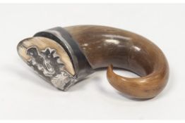 A NINETEENTH CENTURY SCOTTISH WHITE METAL MOUNTED HORN SNUFF MULL