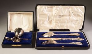 VICTORIAN SILVER CHRISTENING SET OF SPOON, KNIFE AND FORK, each cast with foliated tendrils, the