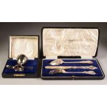 VICTORIAN SILVER CHRISTENING SET OF SPOON, KNIFE AND FORK, each cast with foliated tendrils, the