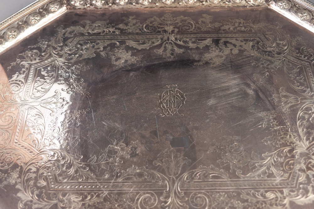 VICTORIAN ELECTROPLATED CANTED RECTANGULAR TWO HANDLED TEA TRAY, the centre engraved with foliate - Image 2 of 2