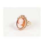 AN UNMARKED GOLD SHELL CAMEO SET RING, 3.8gms gross