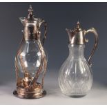 GLASS CLARET JUG WITH ELECTROPLATED MOUNT, a COFFEE JUG hinged upon a plated stand with spirit