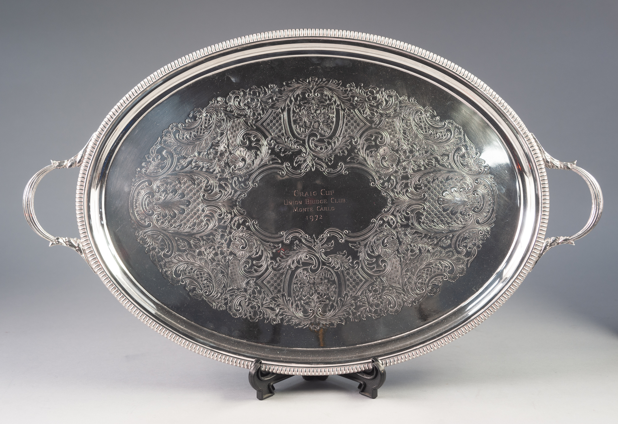 ELECTROPLATED TWO HANDLED PRESENTATION TRAY BY BARKER ELLIS, of oval form with nulled border, reeded - Image 2 of 2