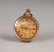 LADY'S 9ct GOLD OPEN FACED POCKET WATCH, with keyless movement, engraved gold Roman dial, floral