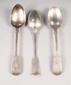 THREE VICTORIAN AND LATER FIDDLE PATTERN SILVER TABLE SPOONS WITH BRIGHT CUT HANDLES, comprising: