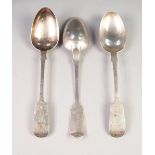 THREE VICTORIAN AND LATER FIDDLE PATTERN SILVER TABLE SPOONS WITH BRIGHT CUT HANDLES, comprising: