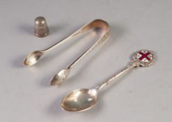 VICTORIAN ENGRAVED SILVER PAIR OF SUGAR TONGS, London 1887, together with a SILVER THIMBLE and an