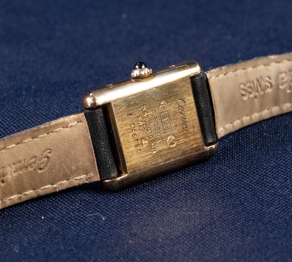 LADY'S SILVER GILT MUST De CARTIER TANK WRIST WATCH, with mechanical Swiss movement, oblong black - Image 3 of 3