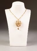 EDWARDIAN GOLD COLOURED METAL SEED PEARL SET OPENWORK PENDANT AND 9ct GOLD CHAIN, 14.3 gms gross, in