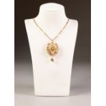 EDWARDIAN GOLD COLOURED METAL SEED PEARL SET OPENWORK PENDANT AND 9ct GOLD CHAIN, 14.3 gms gross, in