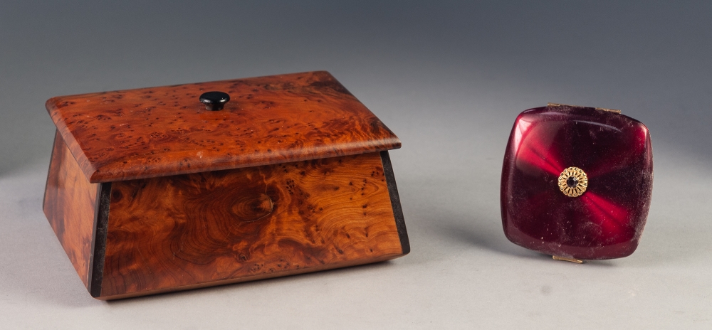 BIRDS EYE MAPLE STYLISH OBLONG TRINKET BOX, with interior mirror AND A POWDER COMPACT (2)