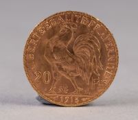 FRENCH 20 FRANC GOLD COIN, 1913 (extra fine), 6.4 gms