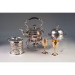 SELECTION OF ELECTROPLATED ITEMS to include a tea kettle on spirit burner stand, a glass biscuit