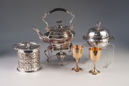 SELECTION OF ELECTROPLATED ITEMS to include a tea kettle on spirit burner stand, a glass biscuit