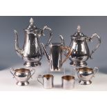 20th CENTURY ELECTROPLATED FOUR PIECE TEA AND COFFEE SERVICE with foliated knops and a plated