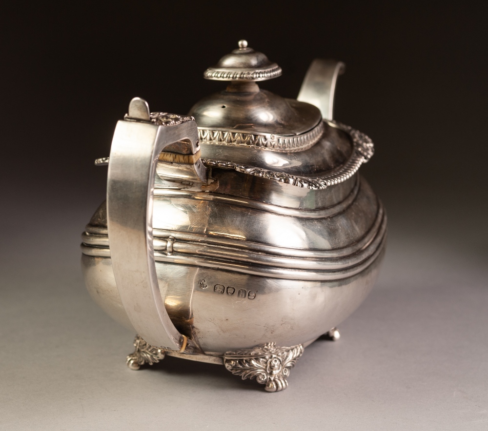 GEORGE IV SILVER TEAPOT of rounded oblong form with gadrooned and shell cornered rim, angular leaf- - Image 3 of 3