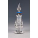 GEORGE V GUILLOCHE ENAMELLED AND SILVER MOUNTED ENGRAVED GLASS PERFUME BOTTLE, of square, pedestal