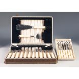 CASED SET OF SIX ELECTROPLATED FISH KNIVES AND FORKS with bone handles, also a boxed SET OF SIX BONE