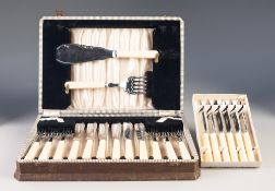 CASED SET OF SIX ELECTROPLATED FISH KNIVES AND FORKS with bone handles, also a boxed SET OF SIX BONE