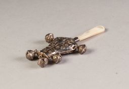 EDWARDIAN SILVER MOTHER OF PEARL HANDLED INFANT'S RATTLE/TEETHER suspending five bells, Birmingham