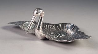ASAHI, JAPANESE 998 STANDARD STERLING SILVER STORK PATTERN TWO DIVISION HORS D'OUVRES DISH, modelled