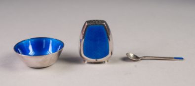 MODERN A. MICHELSEN, DENMARK, STERLING SILVER AND BLUE GUILLOCHE ENAMEL CONDIMENT SET of salt