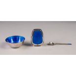 MODERN A. MICHELSEN, DENMARK, STERLING SILVER AND BLUE GUILLOCHE ENAMEL CONDIMENT SET of salt