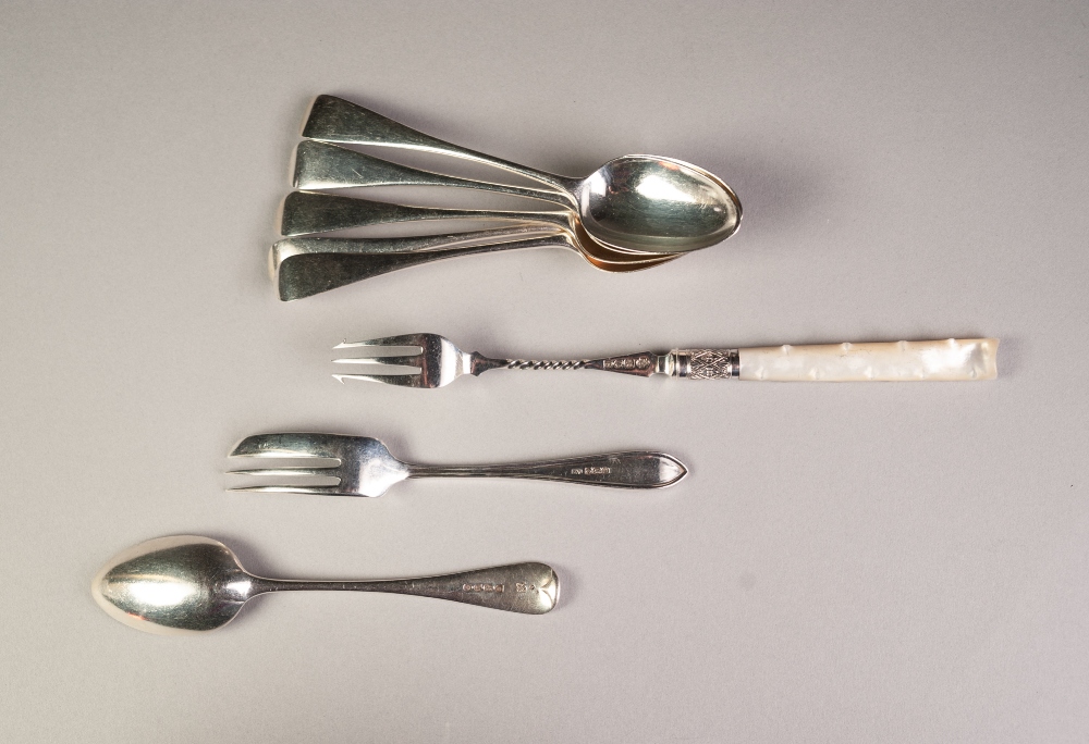 A SET OF SIX LATE VICTORIAN SILVER TEASPOONS, London 1887, also an ODD SILVER CAKE FORK and a mother
