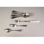 A SET OF SIX LATE VICTORIAN SILVER TEASPOONS, London 1887, also an ODD SILVER CAKE FORK and a mother