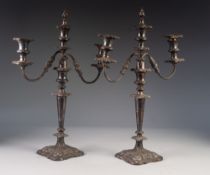 PAIR OF LATE 19th/EARLY 20th CENTURY ELECTROPLATED ON COPPER CANDLESTICKS with removable triple