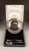 INTER-WAR YEARS CASED SILVER CHRISTENING SET of bowl engraved 'Barbara', a spoon and fork,