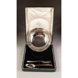 INTER-WAR YEARS CASED SILVER CHRISTENING SET of bowl engraved 'Barbara', a spoon and fork,