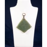 ANTIQUE GREEN JADE FLAT FAN SHAPED LARGE PENDANT, engraved with Cyrillic script, white metal hanger,