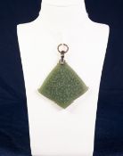 ANTIQUE GREEN JADE FLAT FAN SHAPED LARGE PENDANT, engraved with Cyrillic script, white metal hanger,