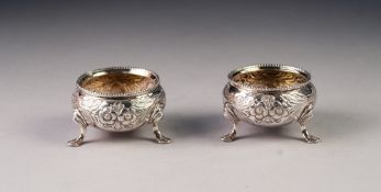 VICTORIAN PAIR OF CHASED SILVER OPEN SALTS BY CHARLES BOYTON, each of typical form with beaded