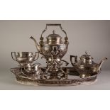 EARLY 20th CENTURY AUSTRIAN 800 PURITY SILVER TEA SERVICE comprising a tea kettle on spirit burner