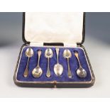 SET OF SIX TEASPOONS with plain curved pointed top handles, in case, makers James Dixon, Sheffield