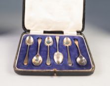 SET OF SIX TEASPOONS with plain curved pointed top handles, in case, makers James Dixon, Sheffield