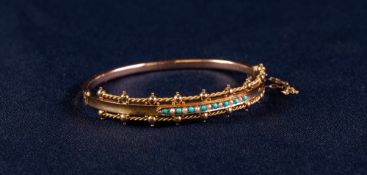 CASED LATE VICTORIAN 9ct GOLD TINY TURQUOISE AND SEED PEARL SET STIFF BANGLE, engraved to the inside