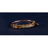 CASED LATE VICTORIAN 9ct GOLD TINY TURQUOISE AND SEED PEARL SET STIFF BANGLE, engraved to the inside