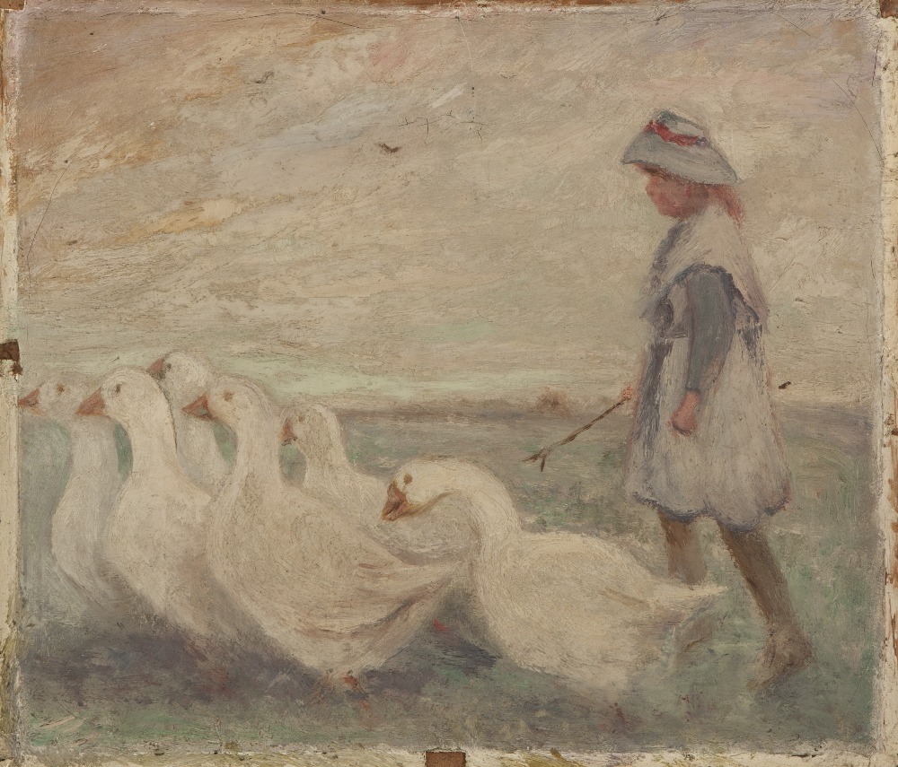 UNATTRIBUTED, AFTER SIR JAMES GUTHRIE OIL PAINTING ON CANVAS Girl driving geese Unsigned 14" x