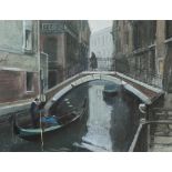 SUE MITCHELL (TWENTIETH CENTURY) PASTEL Venetian canal scene with bridge and gondola Signed 9 ¼" x