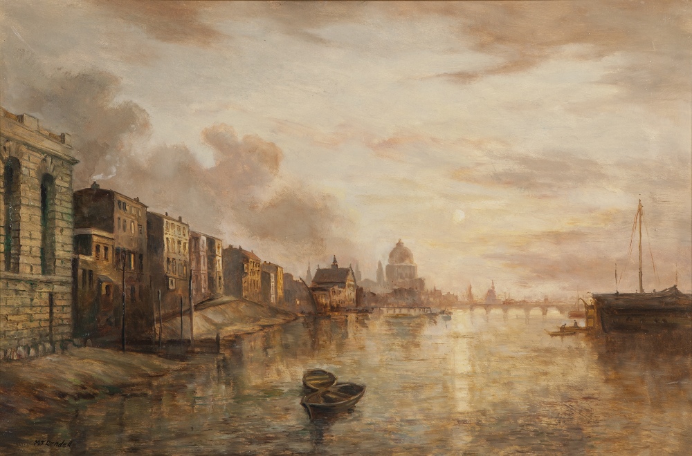 M.J. RENDELL (TWENTIETH CENTURY) OIL PAINTING ON BOARD View of the Thames with St Paul's in the