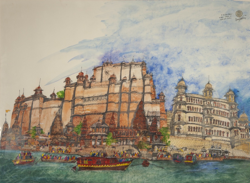 DOUG PATTERSON MIXED MEDIA The Royal Palace, Udaipur Signed and stamped 33" x 45" (83.8 x 114.3cm)